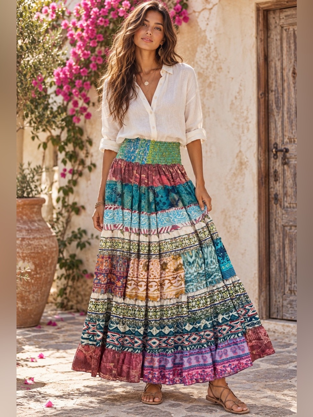 Women's Multicolor Bohemian Tiered Maxi Skirt